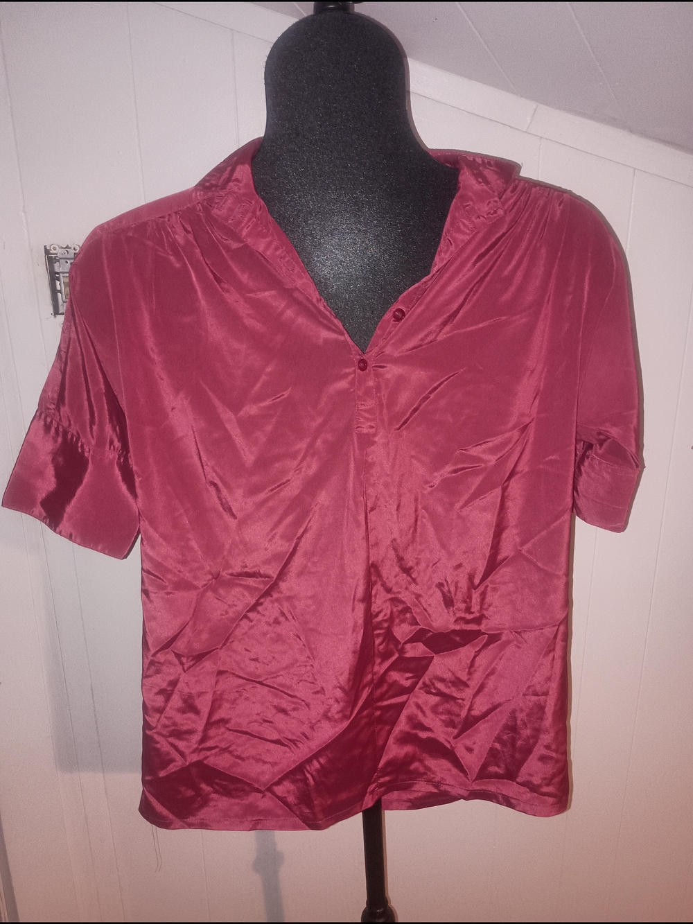 Silky Vintage Short-Sleeve Blouse in Deep Berry